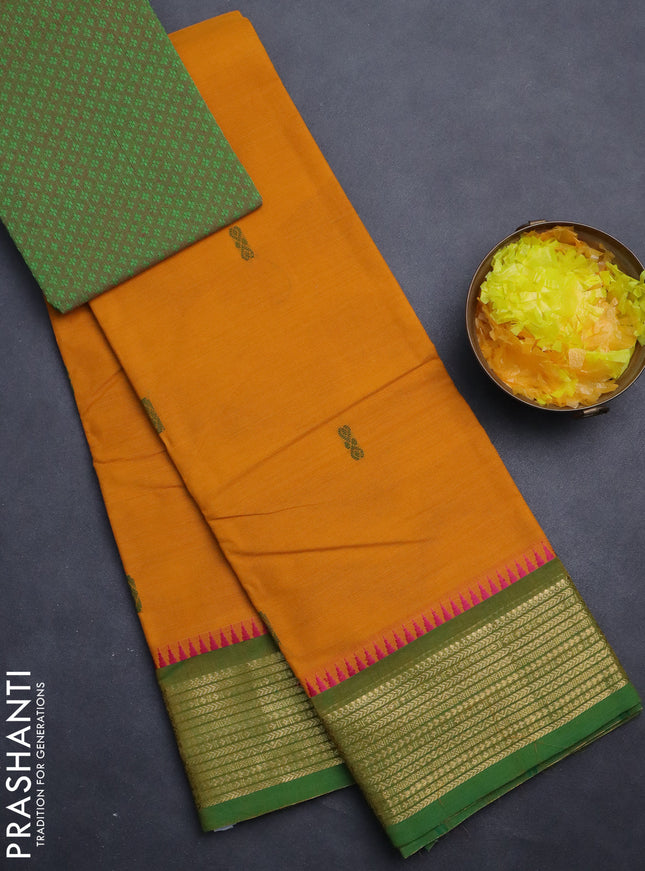 Chettinad cotton saree mustard yellow and green with thread woven buttas and zari woven border
