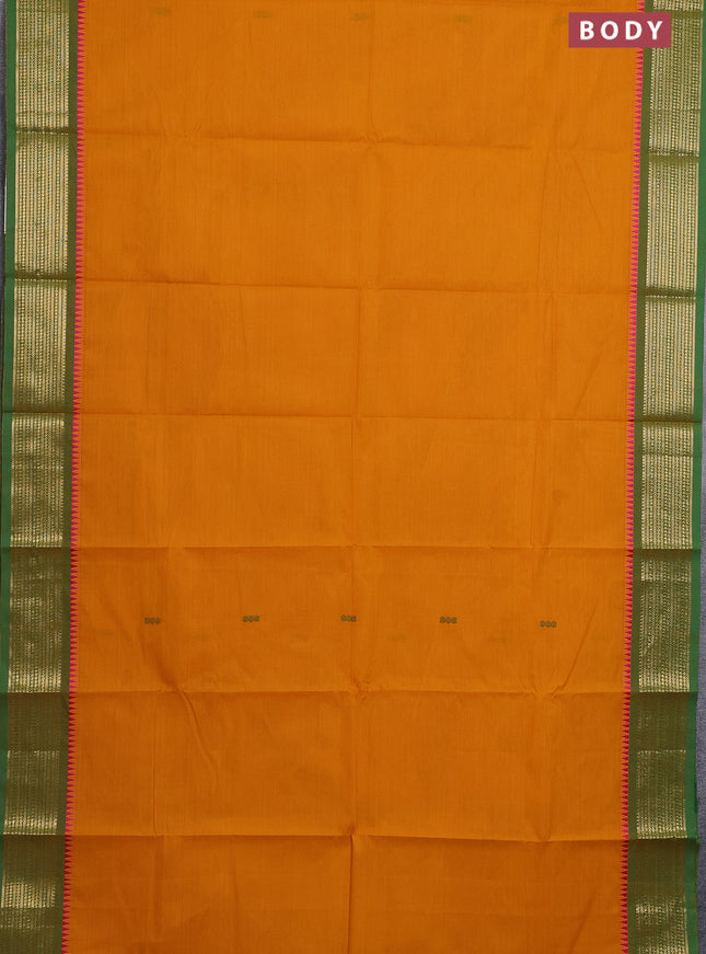 Chettinad cotton saree mustard yellow and green with thread woven buttas and zari woven border