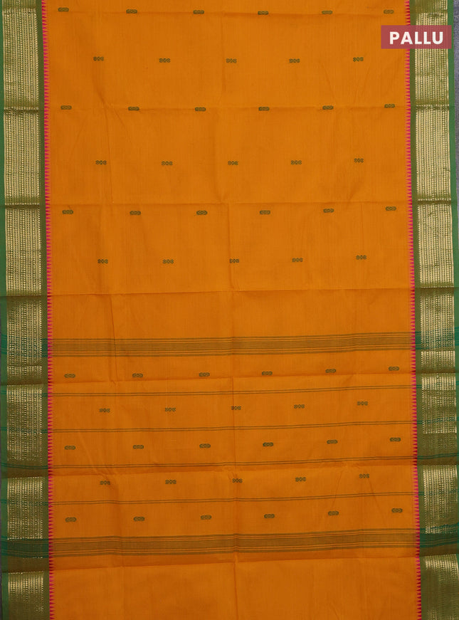 Chettinad cotton saree mustard yellow and green with thread woven buttas and zari woven border