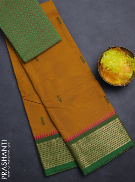 Chettinad cotton saree dark mustard and green with thread woven buttas and zari woven border