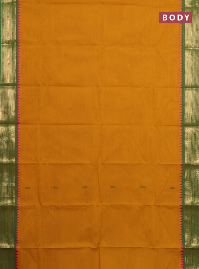 Chettinad cotton saree dark mustard and green with thread woven buttas and zari woven border