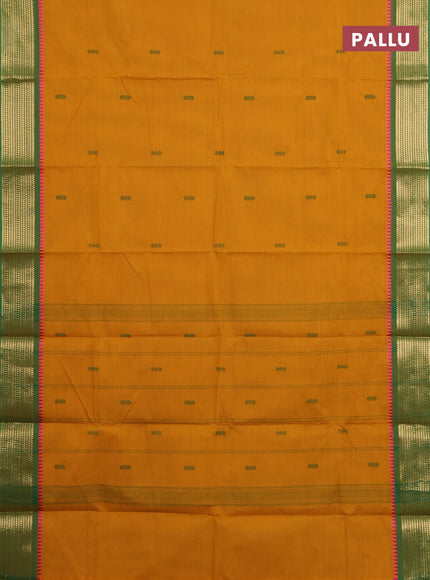 Chettinad cotton saree dark mustard and green with thread woven buttas and zari woven border