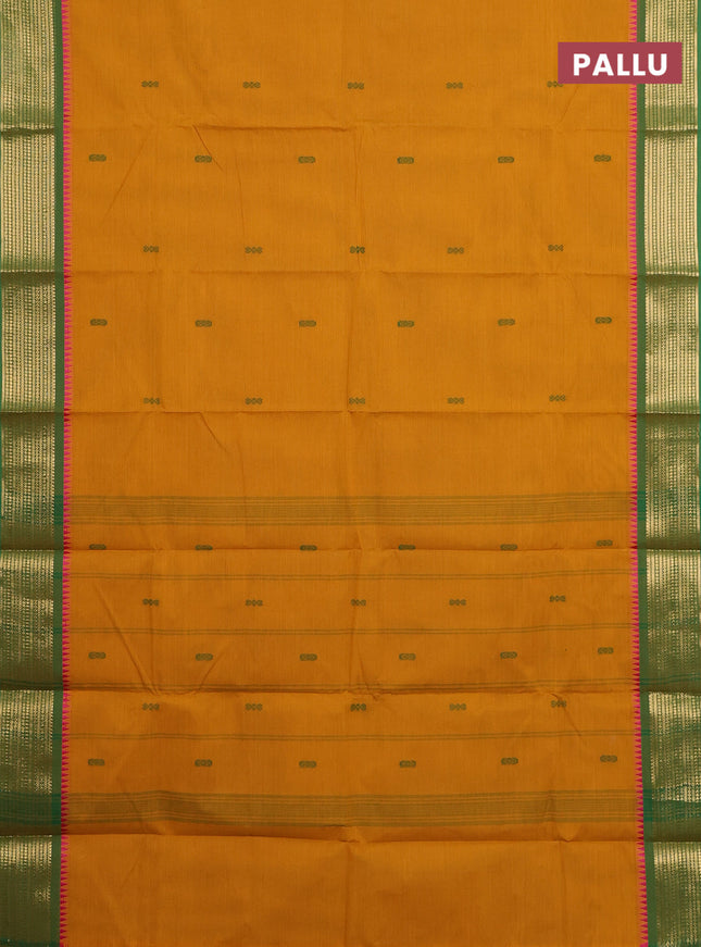 Chettinad cotton saree dark mustard and green with thread woven buttas and zari woven border