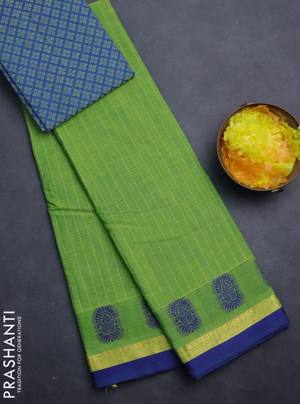 Chettinad cotton saree light green and blue with allover thread weaves and thread & zari woven border