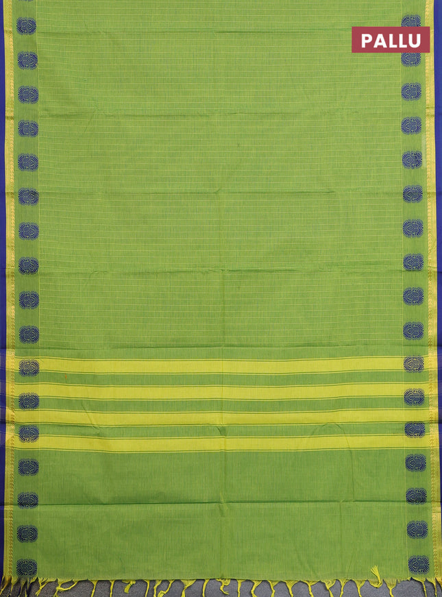 Chettinad cotton saree light green and blue with allover thread weaves and thread & zari woven border
