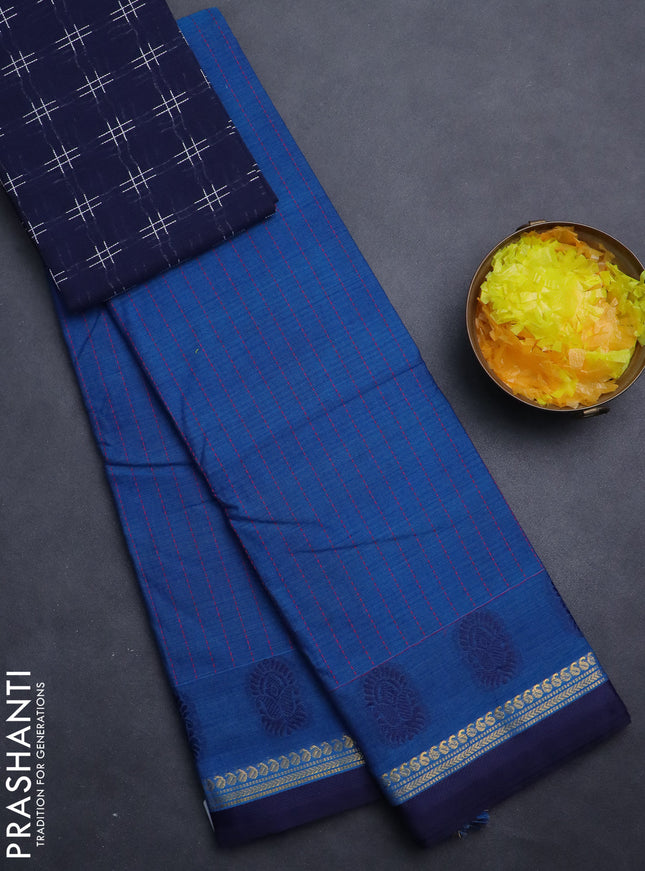 Chettinad cotton saree blue and dark blue with allover thread weaves and thread & zari woven border