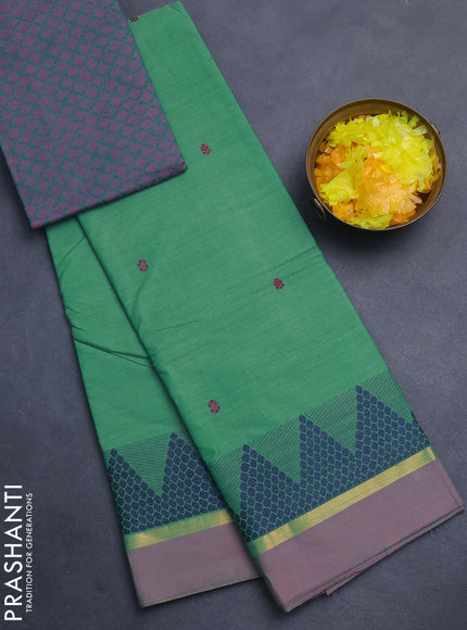 Chettinad cotton saree teal green shade and dual shade of purple with thread woven buttas and thread woven simple border