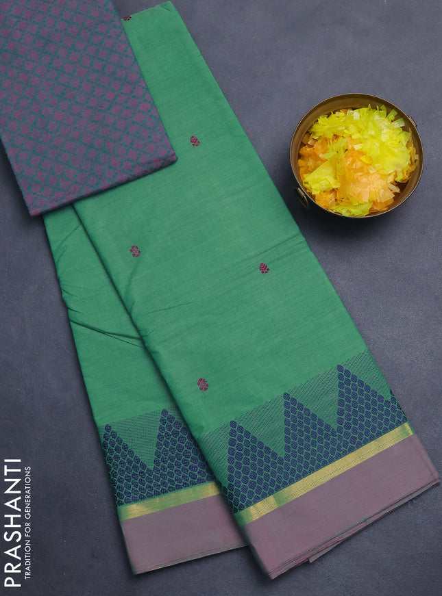 Chettinad cotton saree teal green shade and dual shade of purple with thread woven buttas and thread woven simple border