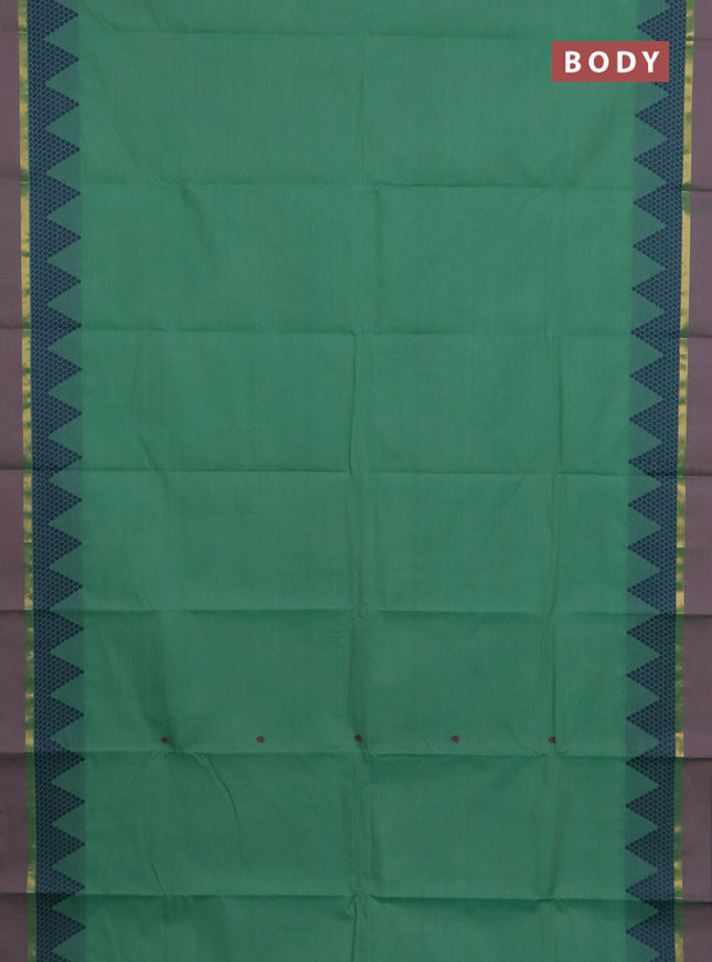 Chettinad cotton saree teal green shade and dual shade of purple with thread woven buttas and thread woven simple border