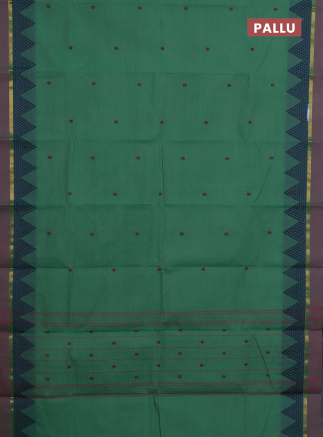 Chettinad cotton saree teal green shade and dual shade of purple with thread woven buttas and thread woven simple border