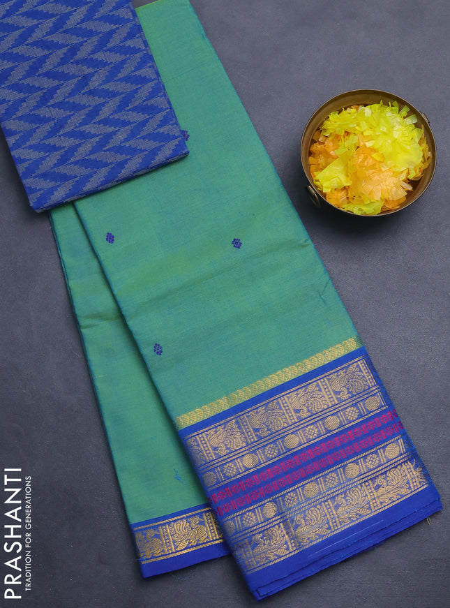 Chettinad cotton saree dual shade of light green and blue with thread woven buttas and thread & zari woven border