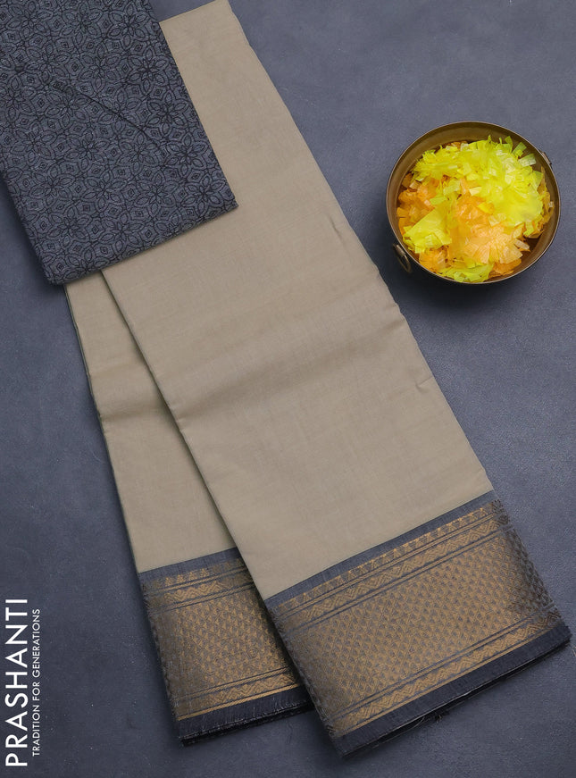 Chettinad cotton saree beige and grey with plain body and zari woven border