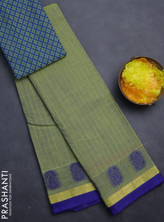 Chettinad cotton saree light green and bue with allover thread weaves and thread & zari woven border