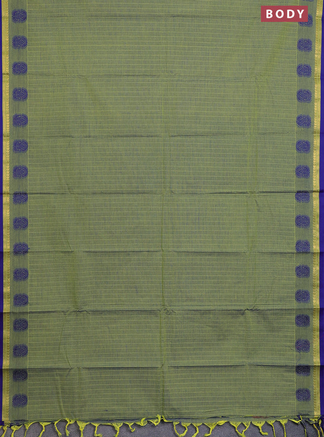 Chettinad cotton saree light green and bue with allover thread weaves and thread & zari woven border