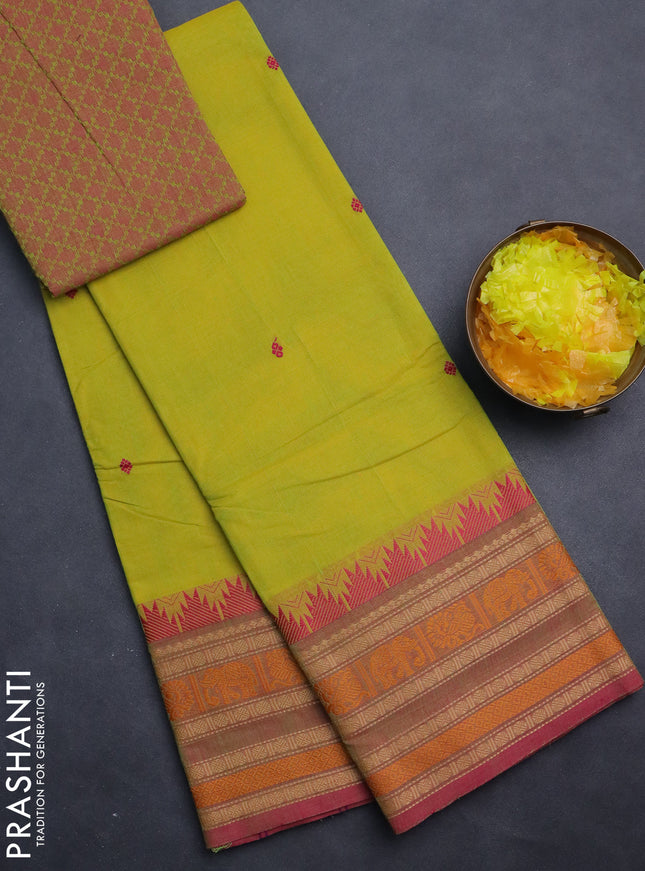 Chettinad cotton saree fluorescent green and pink with thread woven buttas and thread woven border