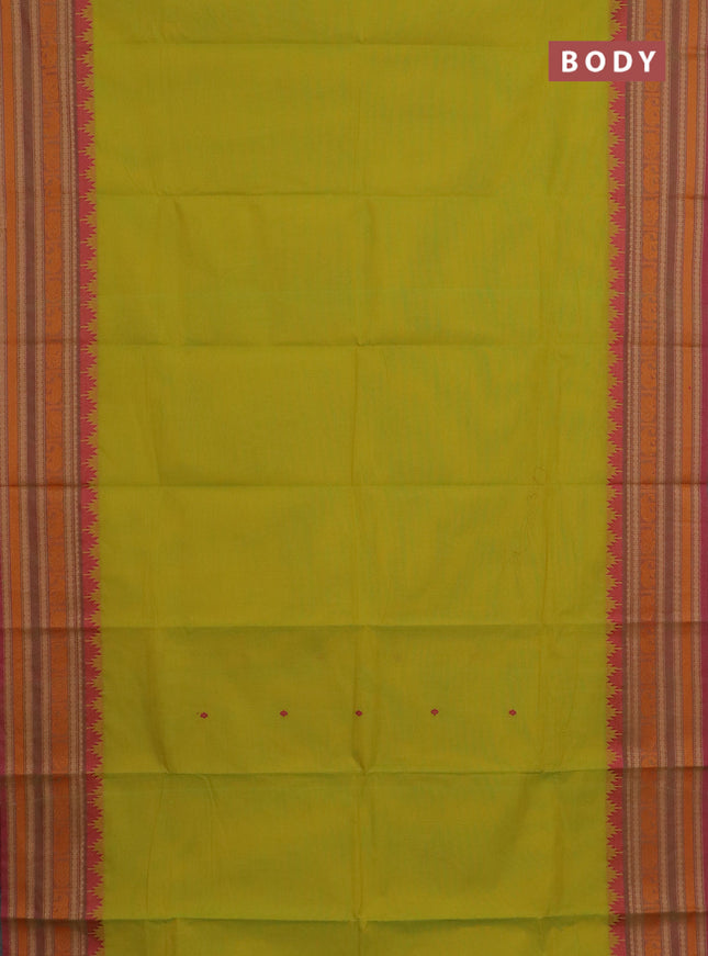 Chettinad cotton saree fluorescent green and pink with thread woven buttas and thread woven border