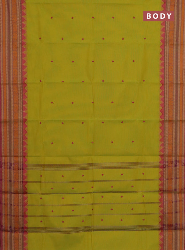 Chettinad cotton saree fluorescent green and pink with thread woven buttas and thread woven border