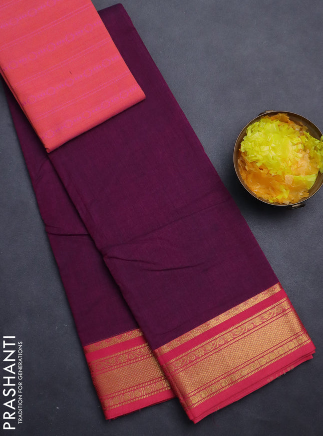 Chettinad cotton saree purple and pink with plain body and zari woven border