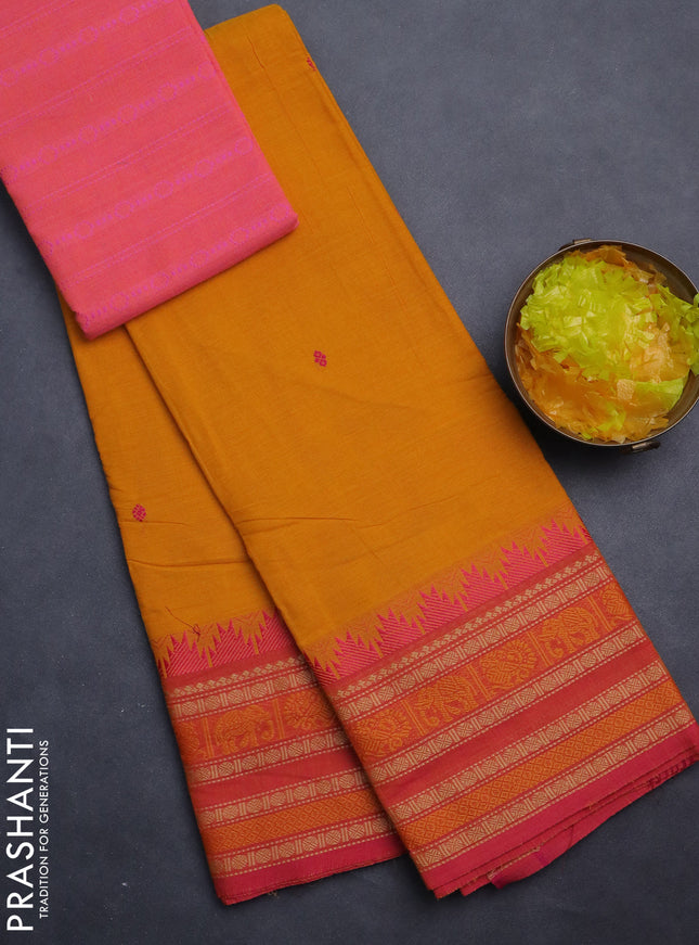 Chettinad cotton saree yellow and pink with thread woven buttas and thread woven border