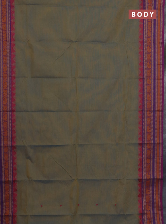Chettinad cotton saree dual shade of bluish mustard and purple with thread woven buttas and thread woven border