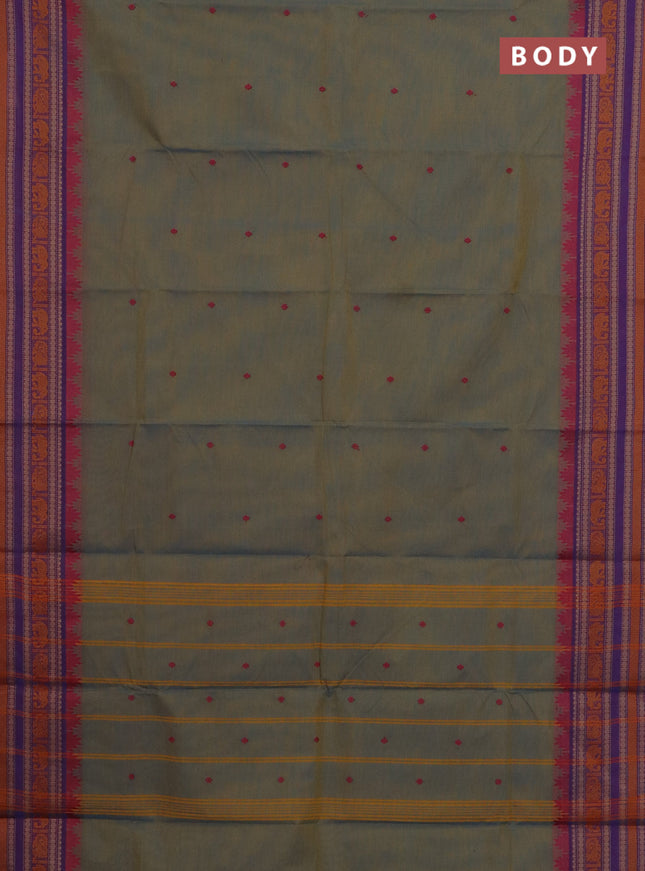 Chettinad cotton saree dual shade of bluish mustard and purple with thread woven buttas and thread woven border