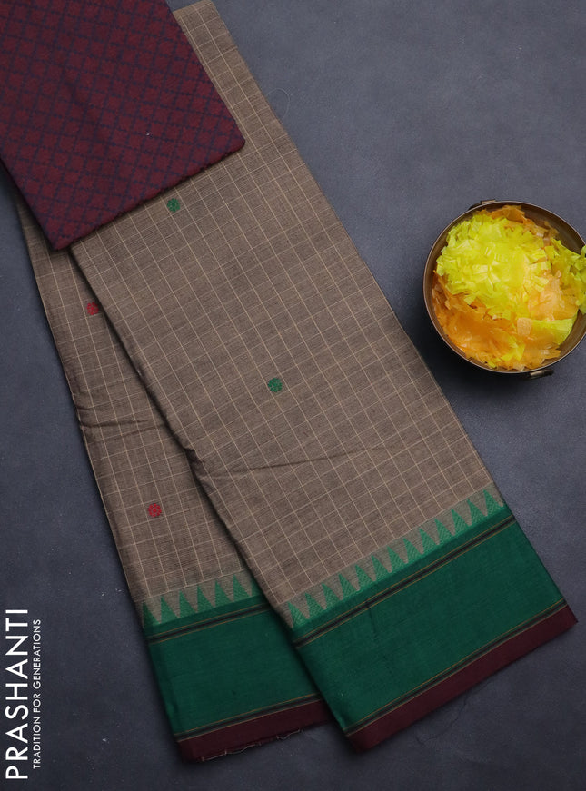 Chettinad cotton saree chikku shade and green brown with allover checks & thread woven buttas and temple design rettapet border