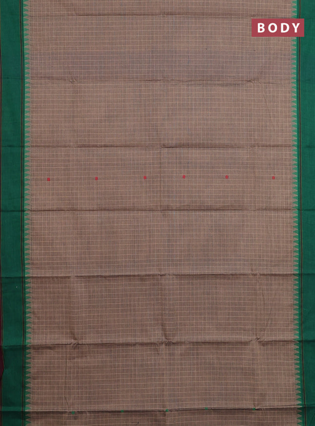Chettinad cotton saree chikku shade and green brown with allover checks & thread woven buttas and temple design rettapet border