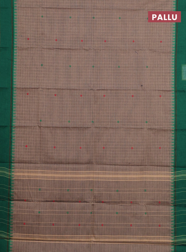 Chettinad cotton saree chikku shade and green brown with allover checks & thread woven buttas and temple design rettapet border