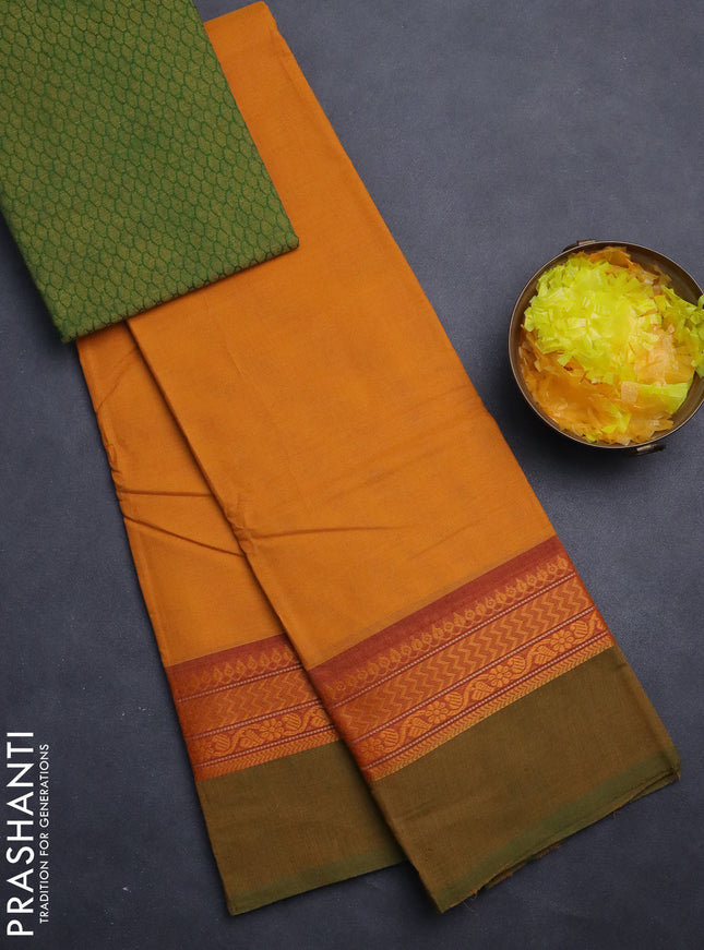 Chettinad cotton saree mustard yellow and mustard green with plain body and thread woven simple border