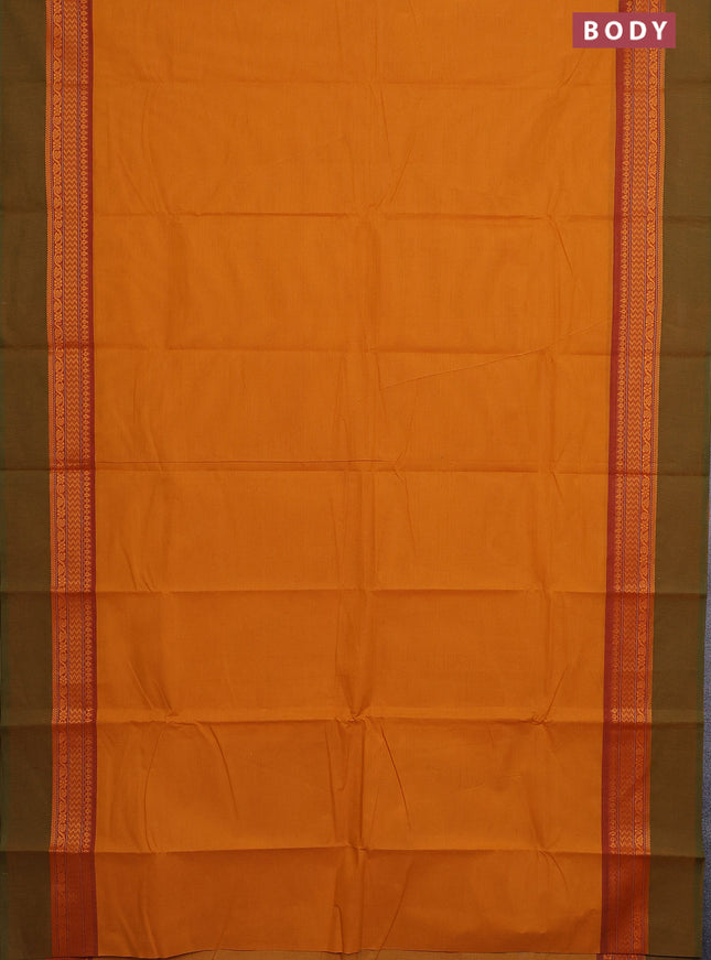 Chettinad cotton saree mustard yellow and mustard green with plain body and thread woven simple border