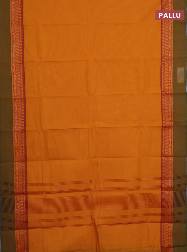 Chettinad cotton saree mustard yellow and mustard green with plain body and thread woven simple border