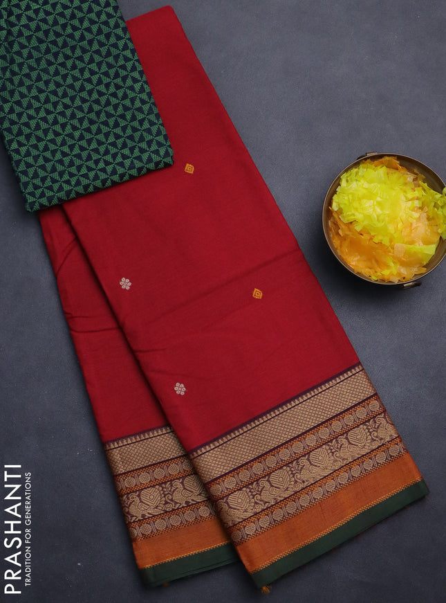 Chettinad cotton saree red and green with thread woven buttas and thread woven border