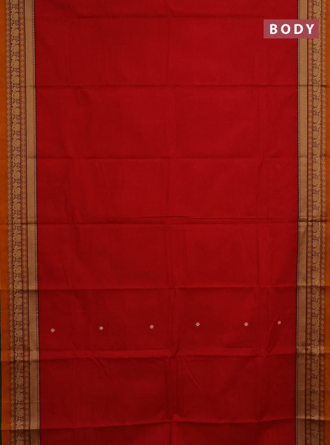 Chettinad cotton saree red and green with thread woven buttas and thread woven border