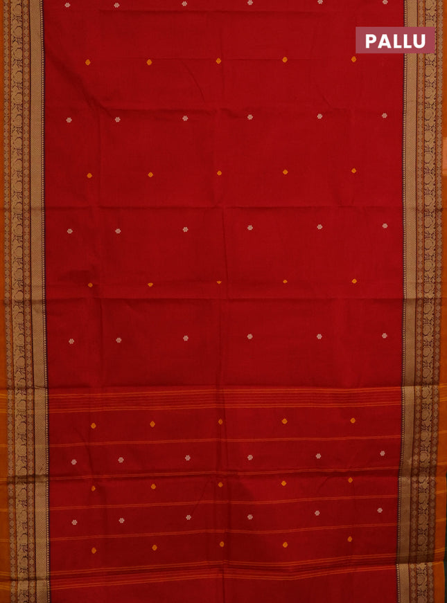Chettinad cotton saree red and green with thread woven buttas and thread woven border