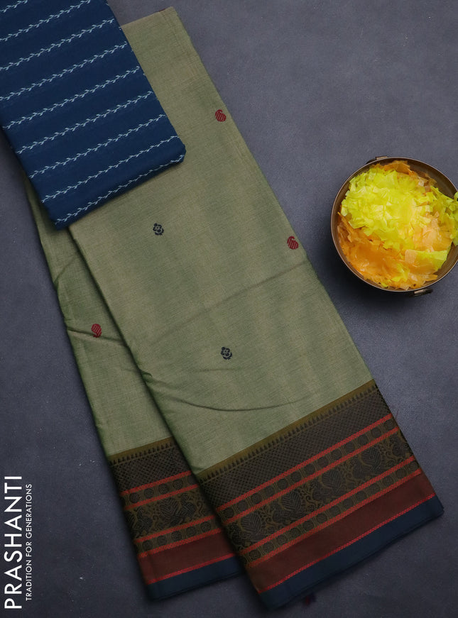 Chettinad cotton saree pastel green and peacock blue with thread woven buttas and thread woven border