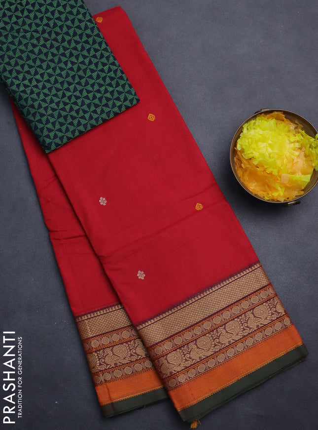 Chettinad cotton saree red and green with thread woven buttas and thread woven border