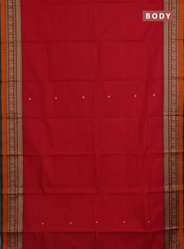 Chettinad cotton saree red and green with thread woven buttas and thread woven border