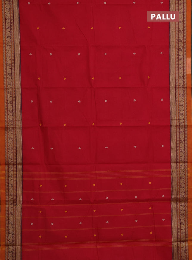Chettinad cotton saree red and green with thread woven buttas and thread woven border