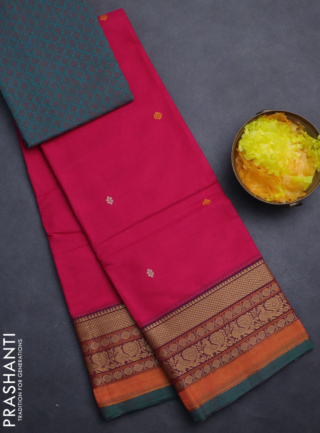 Chettinad cotton saree pink and green with thread woven buttas and thread woven border