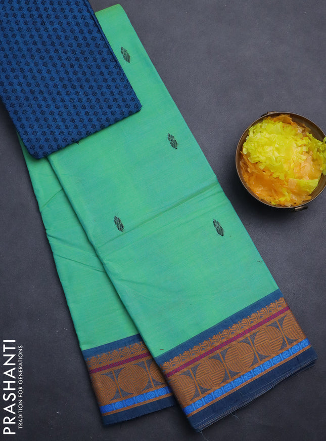 Chettinad cotton saree teal bluish green and peacock blue with thread woven buttas and rudhraksha thread woven border