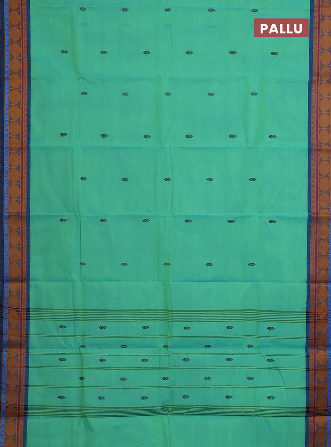 Chettinad cotton saree teal bluish green and peacock blue with thread woven buttas and rudhraksha thread woven border
