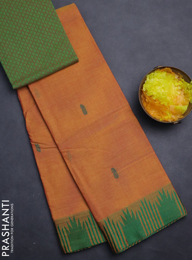 Chettinad cotton saree dual shade of yellow and green with thread woven buttas and temple thread woven border