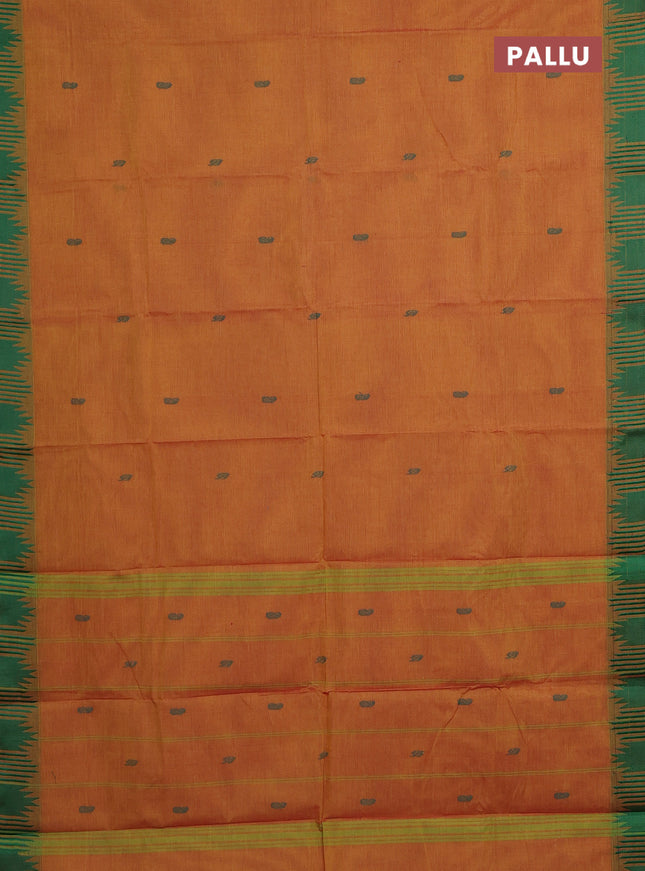 Chettinad cotton saree dual shade of yellow and green with thread woven buttas and temple thread woven border