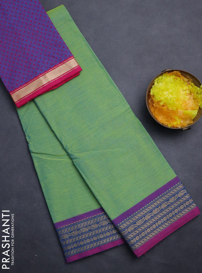 Chettinad cotton saree teal bluish green and purple with plain body and thread woven border