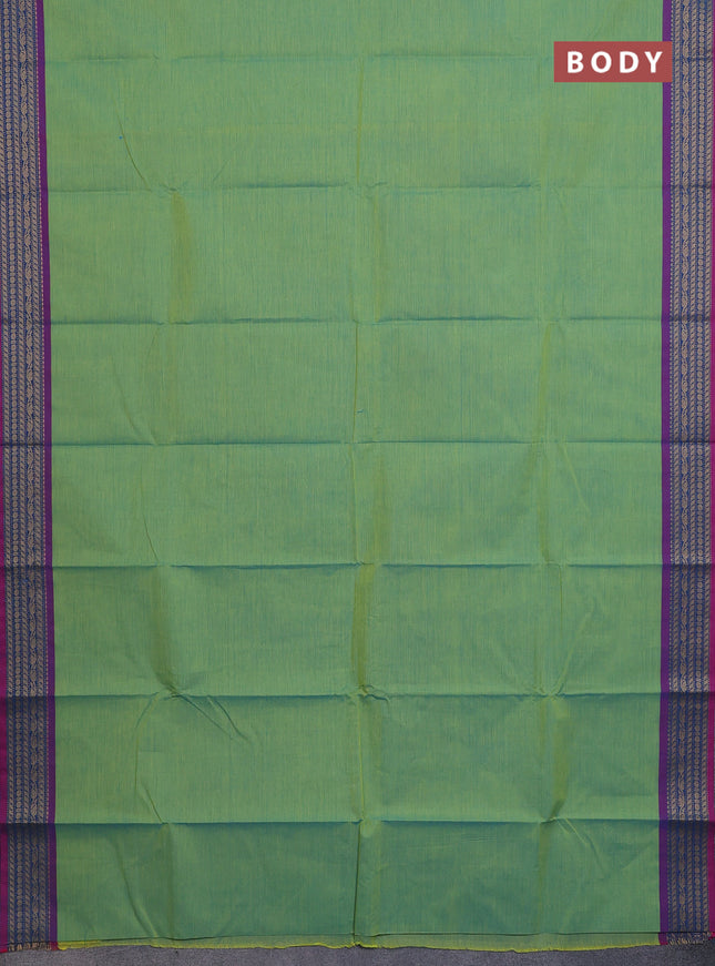 Chettinad cotton saree teal bluish green and purple with plain body and thread woven border