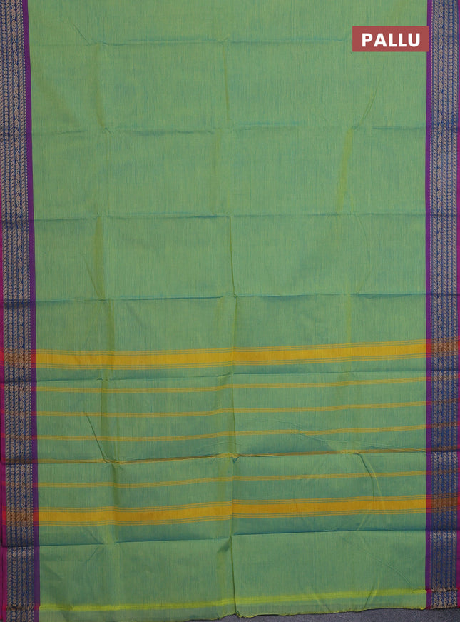 Chettinad cotton saree teal bluish green and purple with plain body and thread woven border