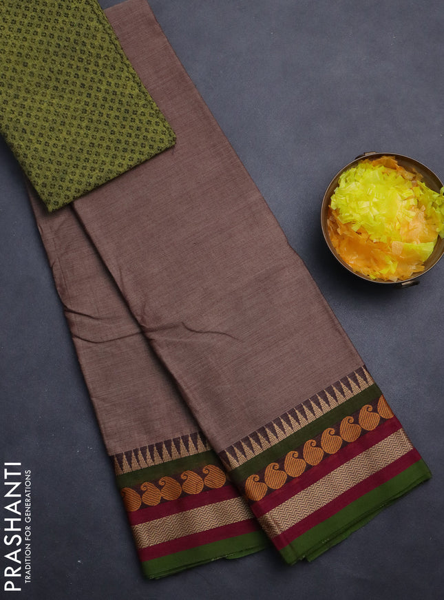 Chettinad cotton saree pastel brown and sap green with plain body and thread woven border