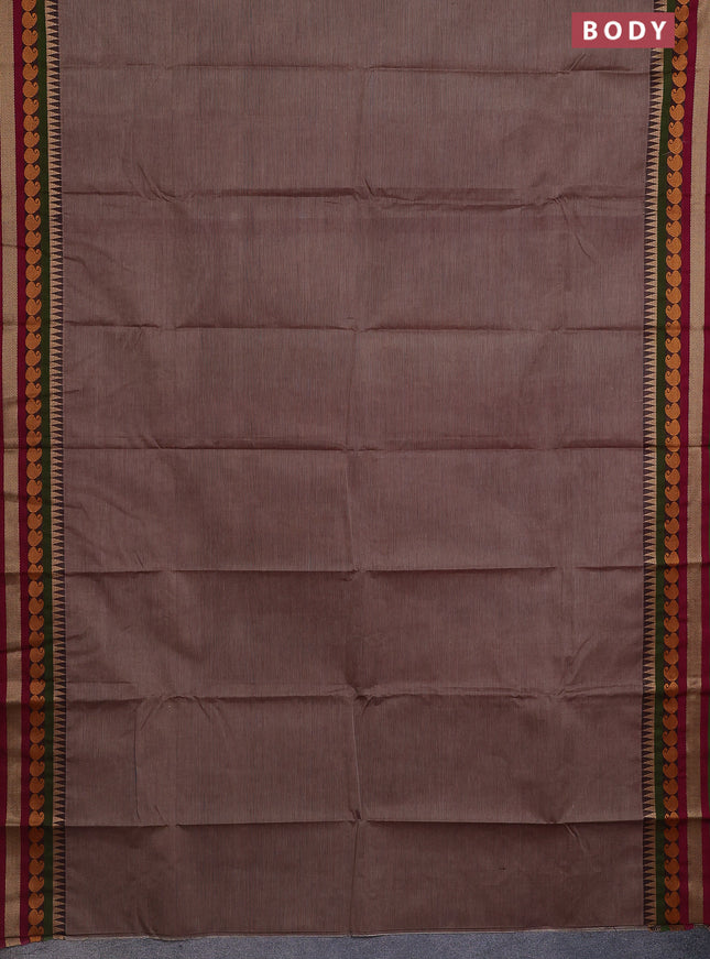 Chettinad cotton saree pastel brown and sap green with plain body and thread woven border