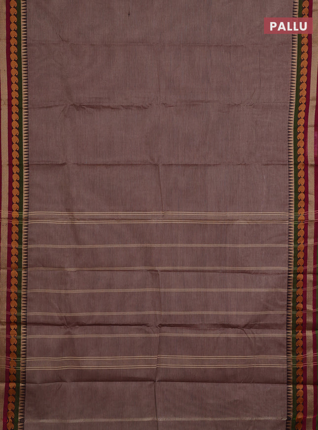 Chettinad cotton saree pastel brown and sap green with plain body and thread woven border