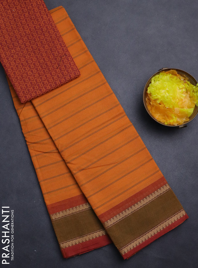 Chettinad cotton saree mango yellow and rust shade with allover stripe pattern and rettapet thread woven border